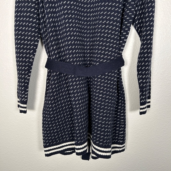 LL Bean women size L signature wool blend long cardigan navy white belted NEW - Picture 10 of 15